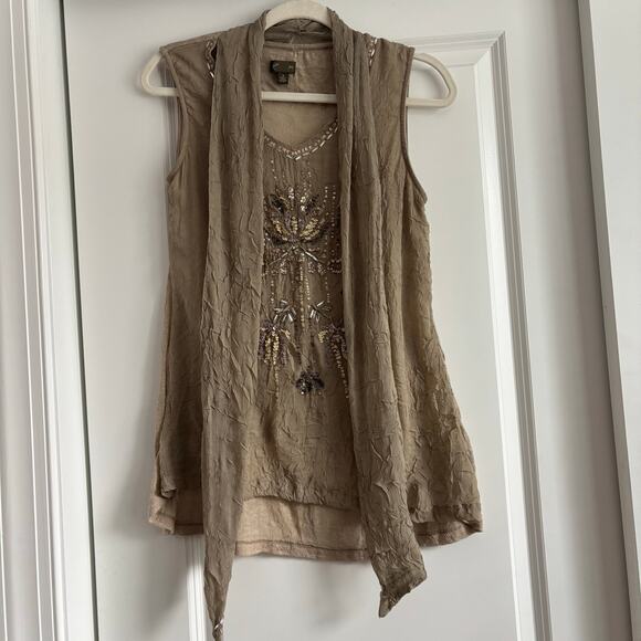 Fei Anthropologie Sheer Sequin Tie Top Sz M Taupe Boho Fairy Whimsigoth 90s Y2K - Picture 1 of 10